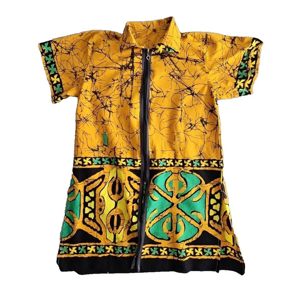 Dashiki Dress Women's Size Small Orange & Green Full Zip Collared Side Slits - Picture 1 of 11
